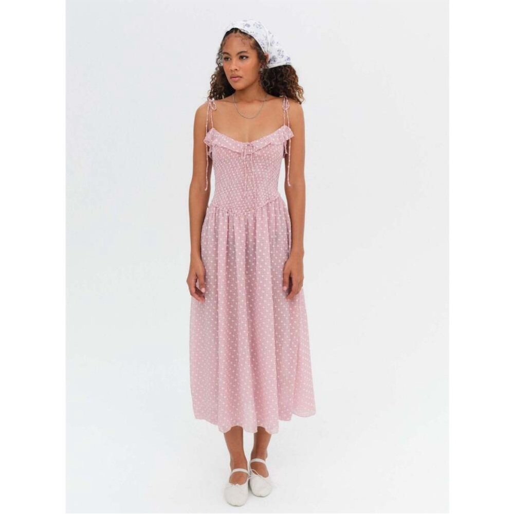 For Love And Lemons Pink Ruched Midi Sundress
